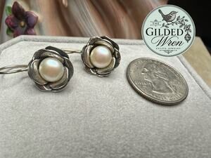 Vintage Israel 925 Sterling Silver Pearl Rose Flower Dangle Earrings Artisan